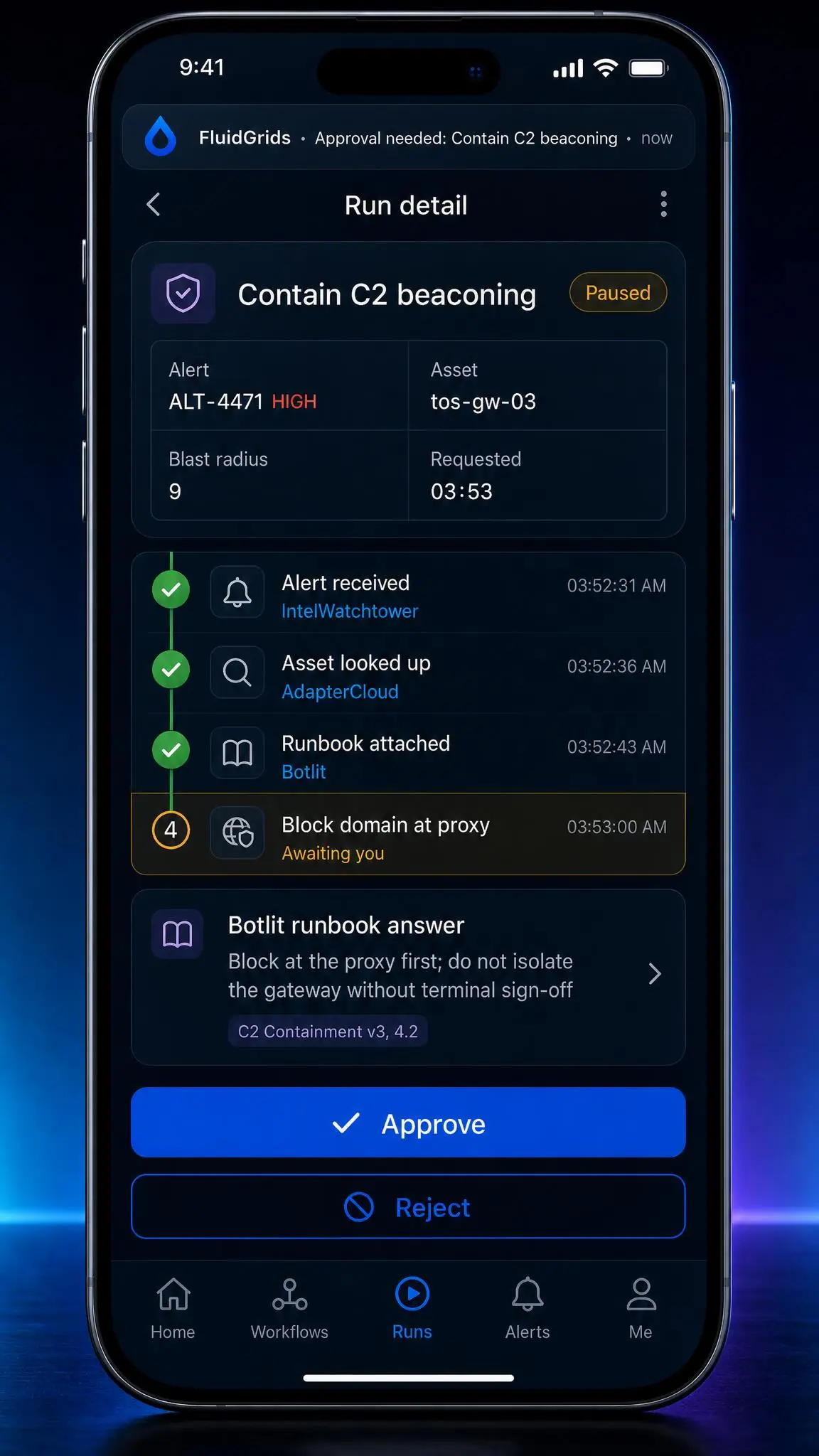 Concept illustration of the FluidGrids mobile run detail for a paused containment playbook with a BotManor runbook answer and Approve and Reject